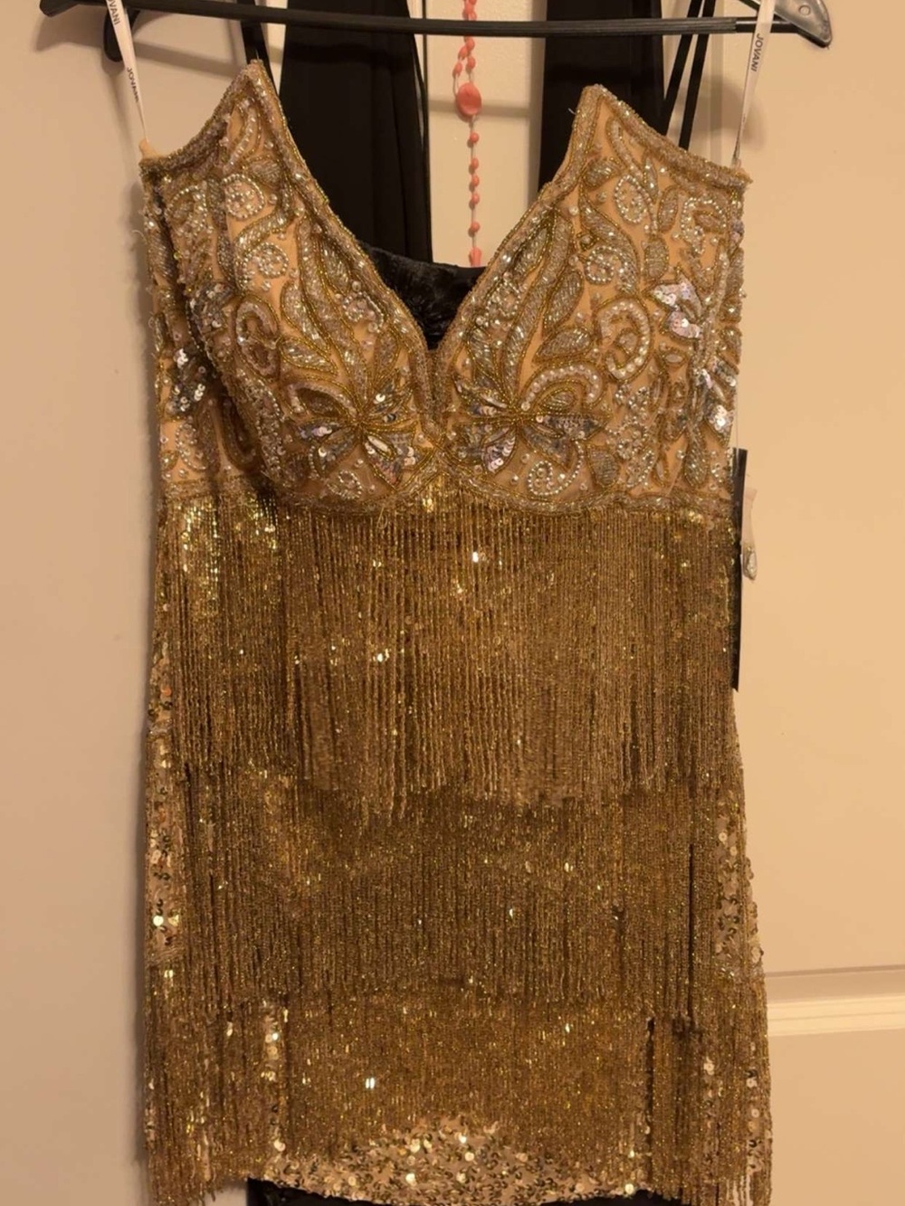 Jovani 46998 Strapless Gold/Silver Sequin Fringe Party Dress
